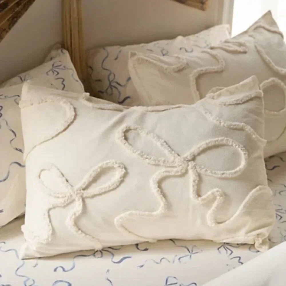 Cream Tufted Bows  Textured Body Pillow Cover Cozy Home Bedding